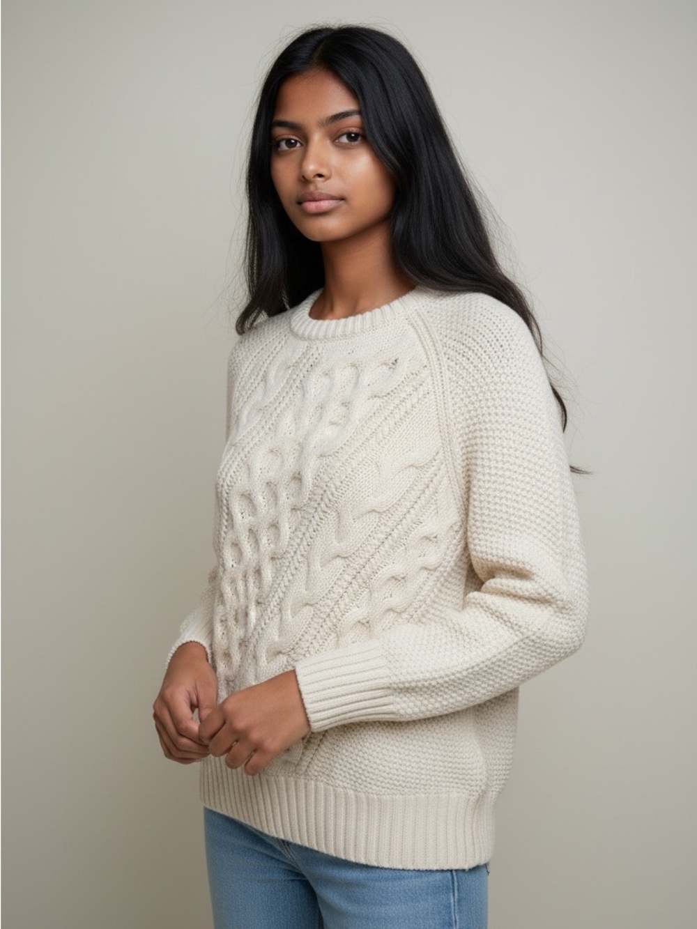 J. Crew Cream Cable-Knit Crewneck Sweater